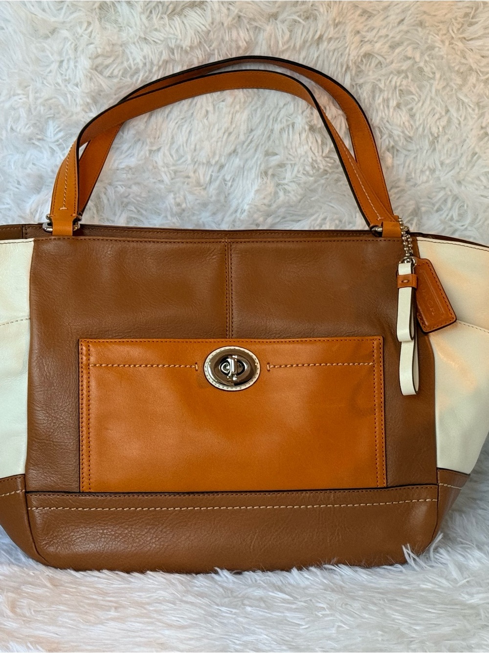 Coach Colorblock Leather Tote in Brown, Tan & Cream